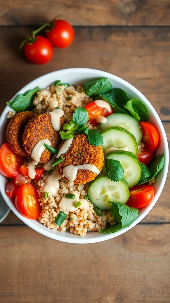 A colorful quinoa bowl with falafel, cucumbers, tomatoes, and greens, topped with tahini dressing on a wooden table.